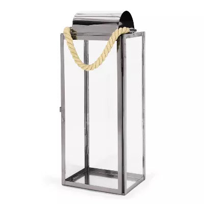 Stainless Steel Larry Lantern Candle Holder Silver: Modern Outdoor Decor, Tempered Glass Panels