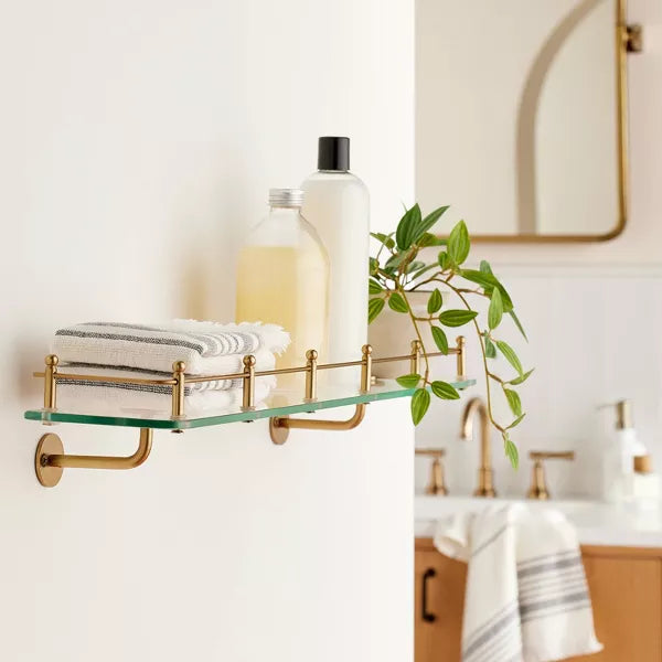 Decorative Glass Wall Shelf with Brass Rail -  No Assembly, Wall-Mounted