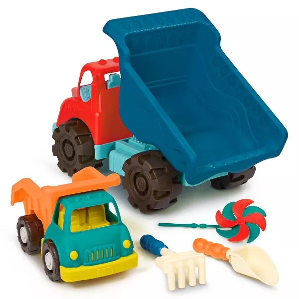 Dump Truck Duo 2 Toy Dump Trucks & 3 Beach Toys