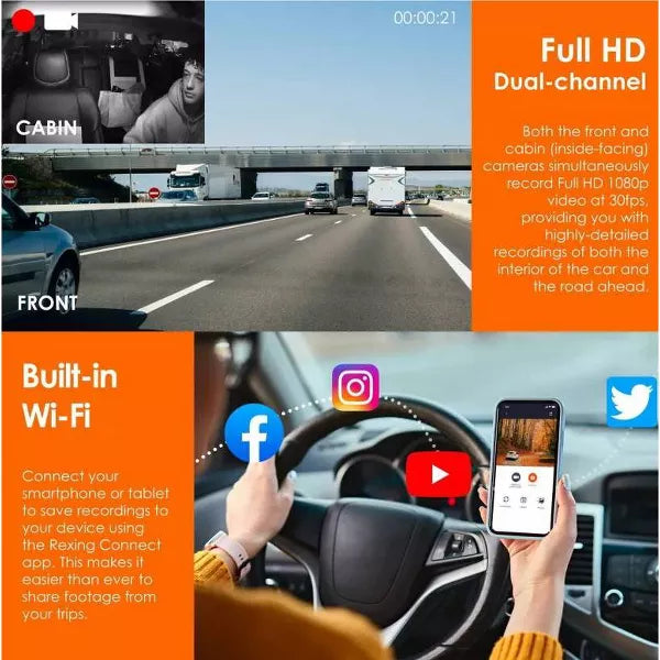 Dual Channel Front and Cabin Dash Cam with App Control