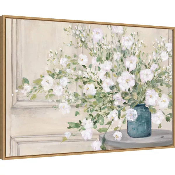 White Bouquet by Julia Purinton: Framed Canvas Print - Modern Botanical Decor