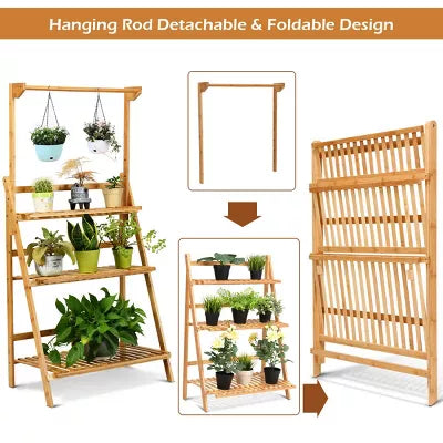 3 Tier Bamboo Hanging Folding Plant Shelf Stand Flower Pot Display Rack Bookcase