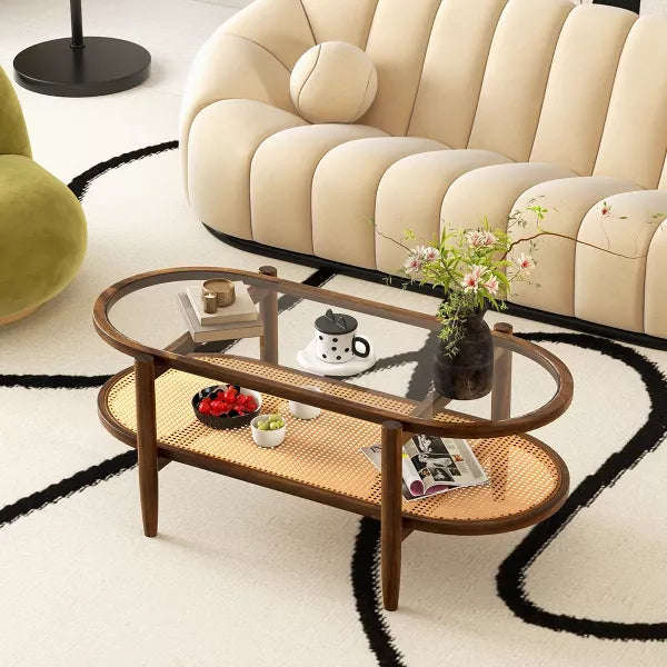 2-Tier Coffee Table Tempered Glass Top with PE Rattan Shelf & Acacia Wood Frame Black/Brown