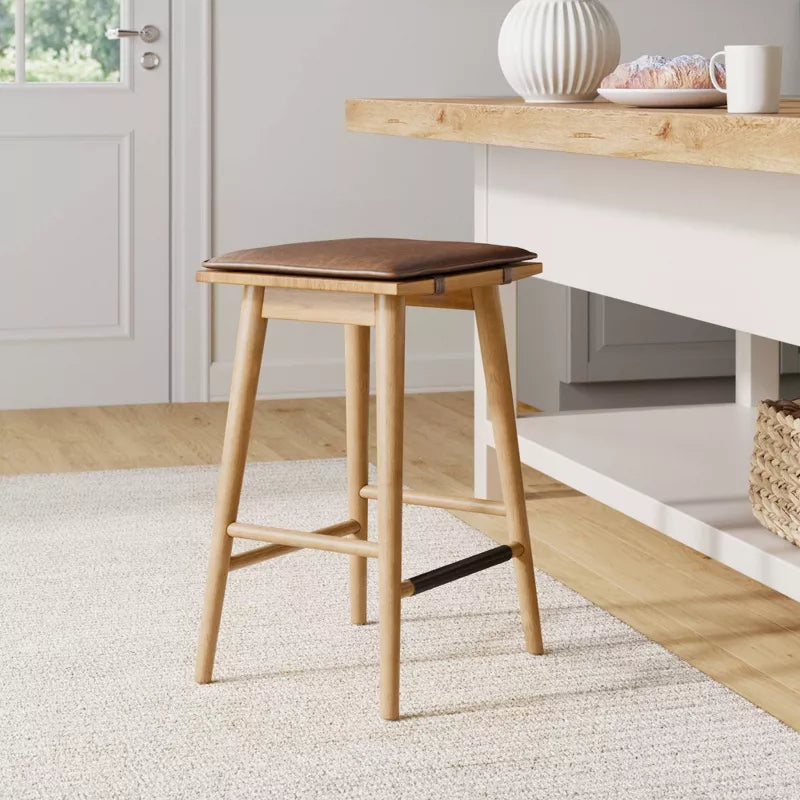 Barker Wood Cushioned Counter Height Barstool Warm Pine/Chestnut: Upholstered Rectangle