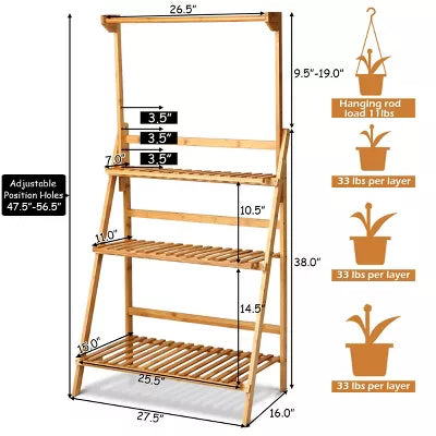 3 Tier Bamboo Hanging Folding Plant Shelf Stand Flower Pot Display Rack Bookcase