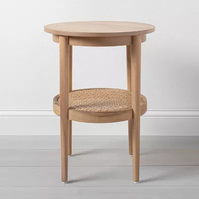 Wood & Cane Round Accent Side Table