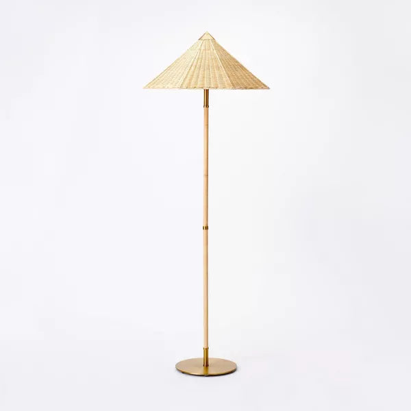 Floor Lamp Gold Iron with Tapered Rattan Shade - ETL Listed, Dimmable