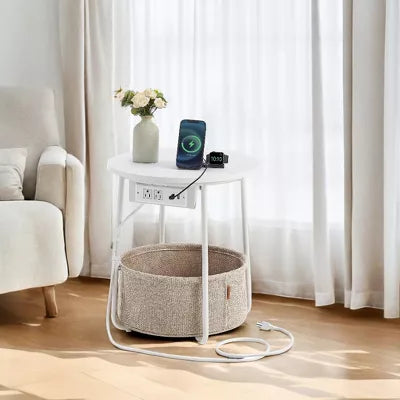Side Table with Charging Station Drink Bedside Nightstand End Table