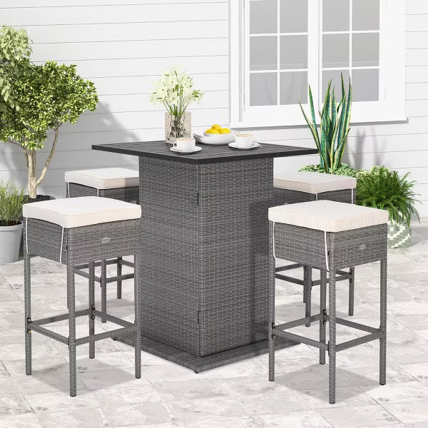 Outdoor Wicker Bar Table with Hidden Storage Shelves Bar