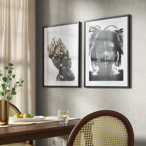2pc Cultural Framed Wall Posters: Modern Art Lithograph, Black Frame