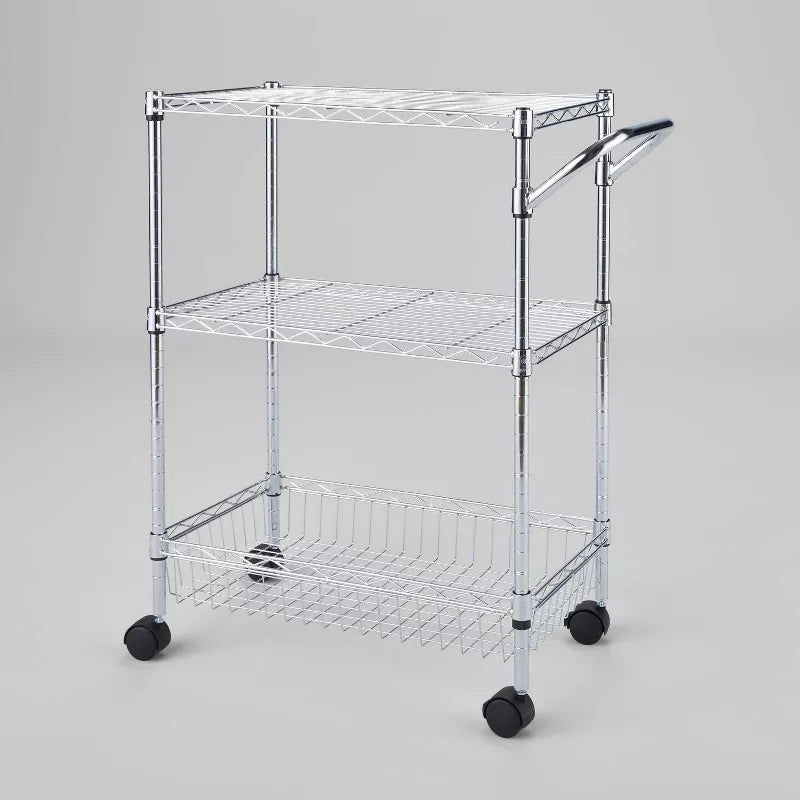 3 Tier Metal Utility Cart Chrome - Rolling Kitchen Storage, Adjustable Shelves