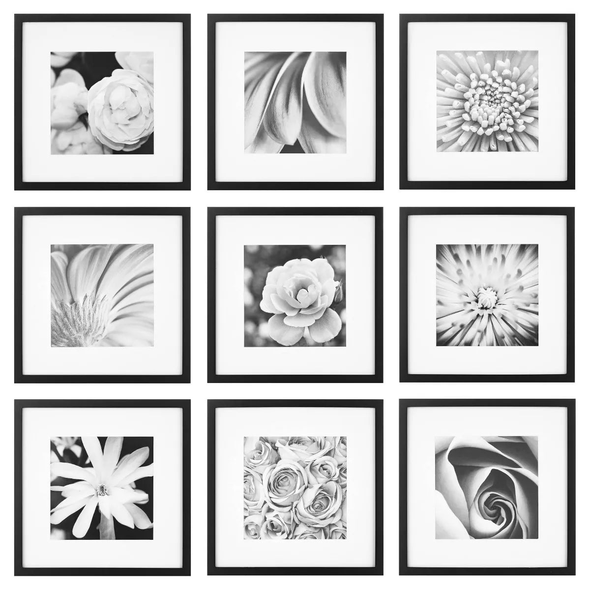 (Set of 9) Square Photo Frame Gallery Wall Kit with Decorative Art Prints and Hanging Template