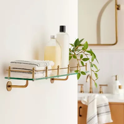 Decorative Glass Wall Shelf with Brass Rail -No Assembly, Wall-Mounted
