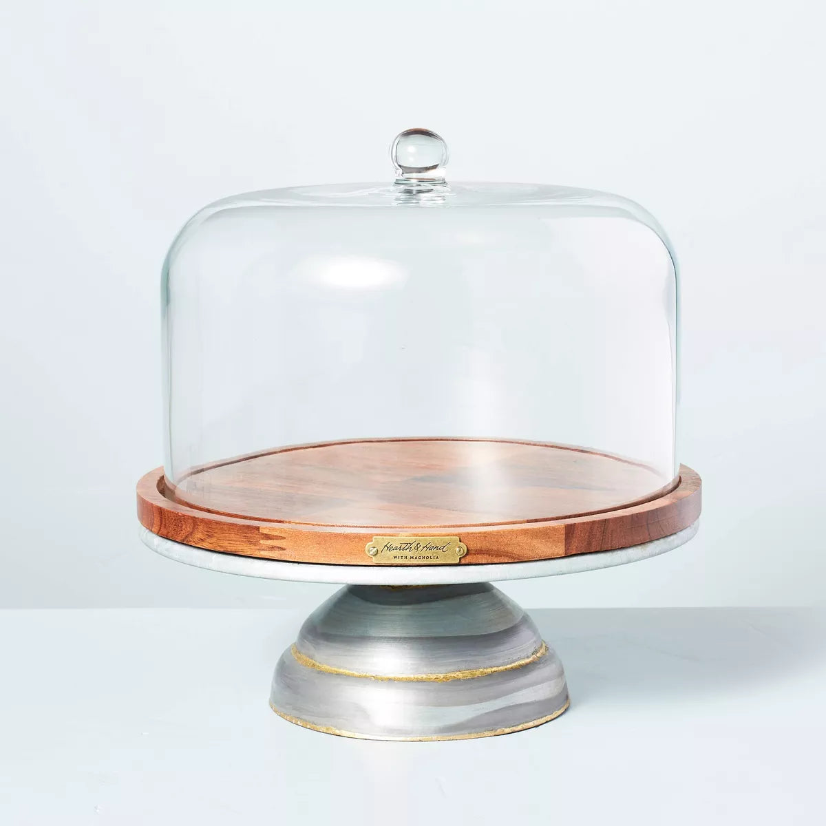 Galvanized Metal & Wood Cake Stand with Glass Cloche - Lacquered Iron & Acacia