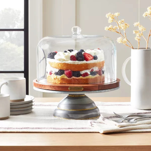 Galvanized Metal & Wood Cake Stand with Glass Cloche - Lacquered Iron & Acacia