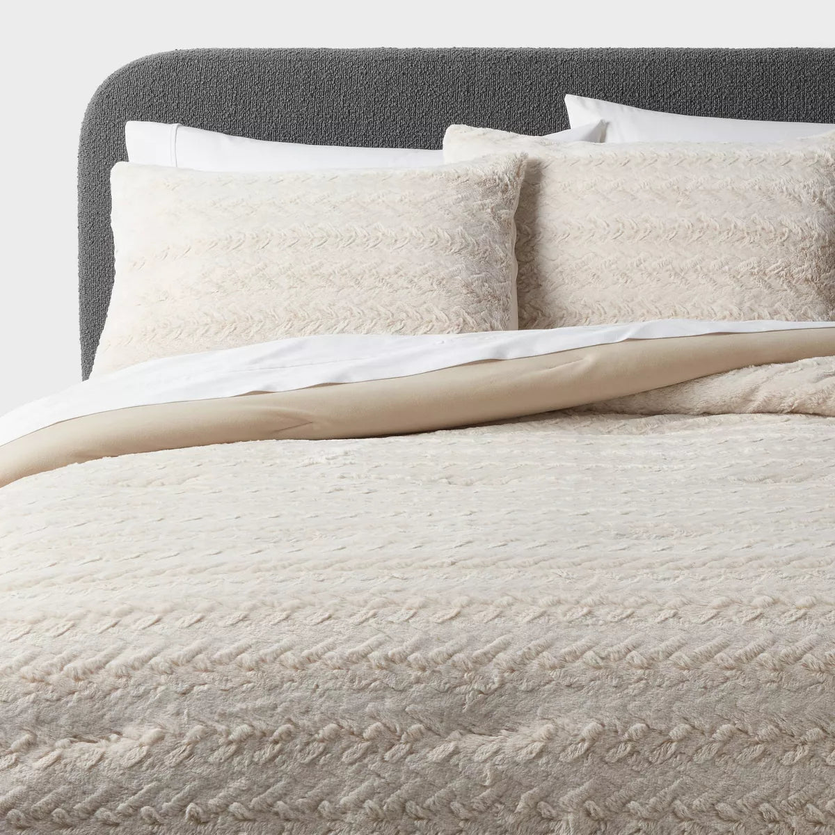 Luxe Textured Faux Fur Comforter and Sham Set Khaki - King