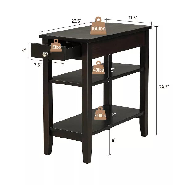 3-Tier Side End Table with Drawer Double Shelf Narrow Nightstand Espresso-Black
