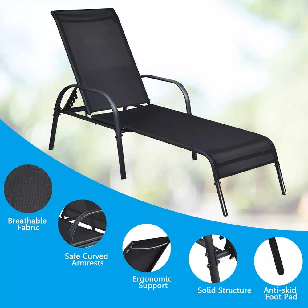 2PCS Outdoor Patio Lounge Chair Chaise Fabric Adjustable Reclining Armrest Black