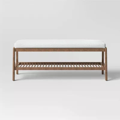 Upholstered Entry Bench with slatted Shelf Cream Boucle