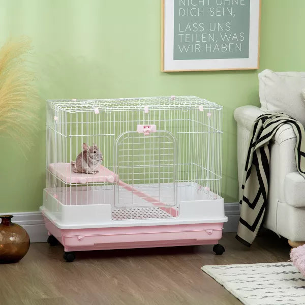2-Level Small Animal Cage Rabbit Hutch with Wheels, Removable Tray, Platform and Ramp for Bunny, Chinchillas, Ferret