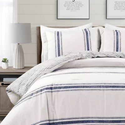 3pc California King Farmhouse Stripe Reversible Oversized Cotton Comforter Set Navy Blue: Machine Washable, OEKO-TEX Certified