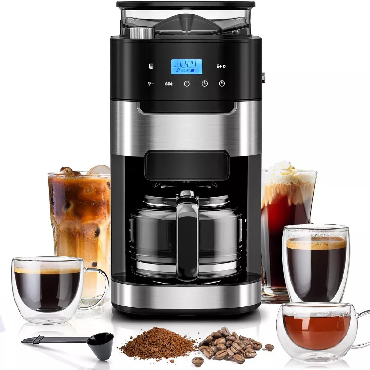 10-Cup Digital Drip Coffee Maker with Built-In Grinder