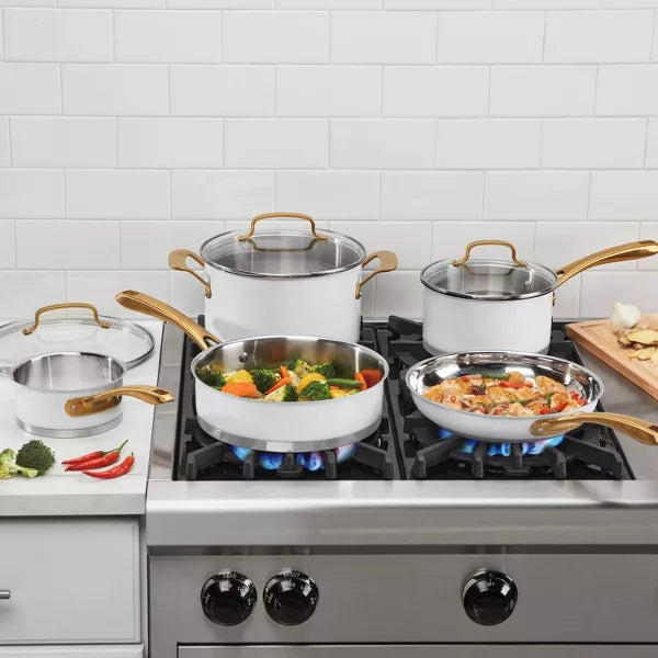 Classic 8pc Stainless Steel Cookware Set with Brushed Gold Handles Matte White: Induction & Oven Safe Pans