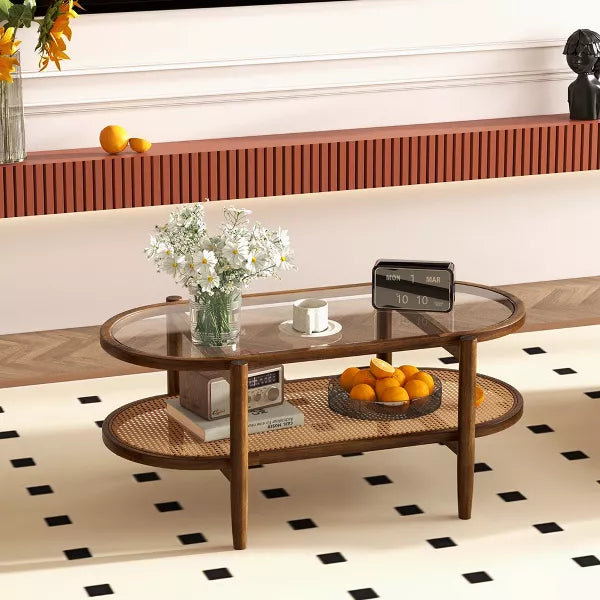 2-Tier Coffee Table Tempered Glass Top with PE Rattan Shelf & Acacia Wood Frame Black/Brown