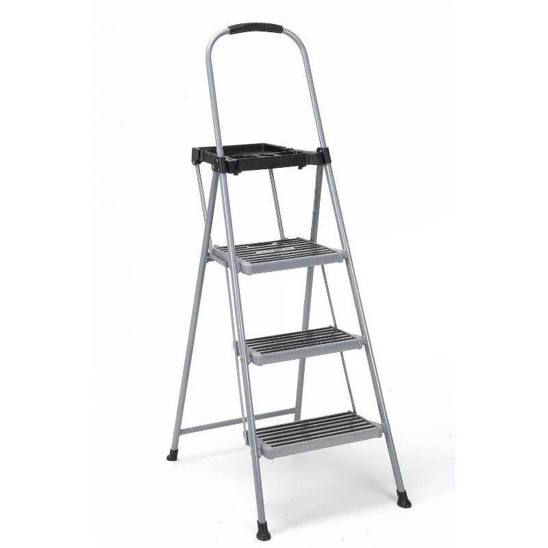 3 Step All Steel Step Stool with Tray: Folding Ladder, Silver, 3 Rungs