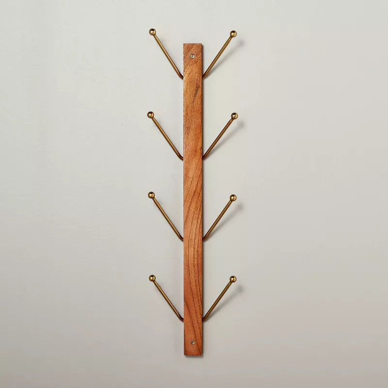 Wood & Metal Vertical Wall Rack Brown/Brass: Entryway Storage, No Assembly Required