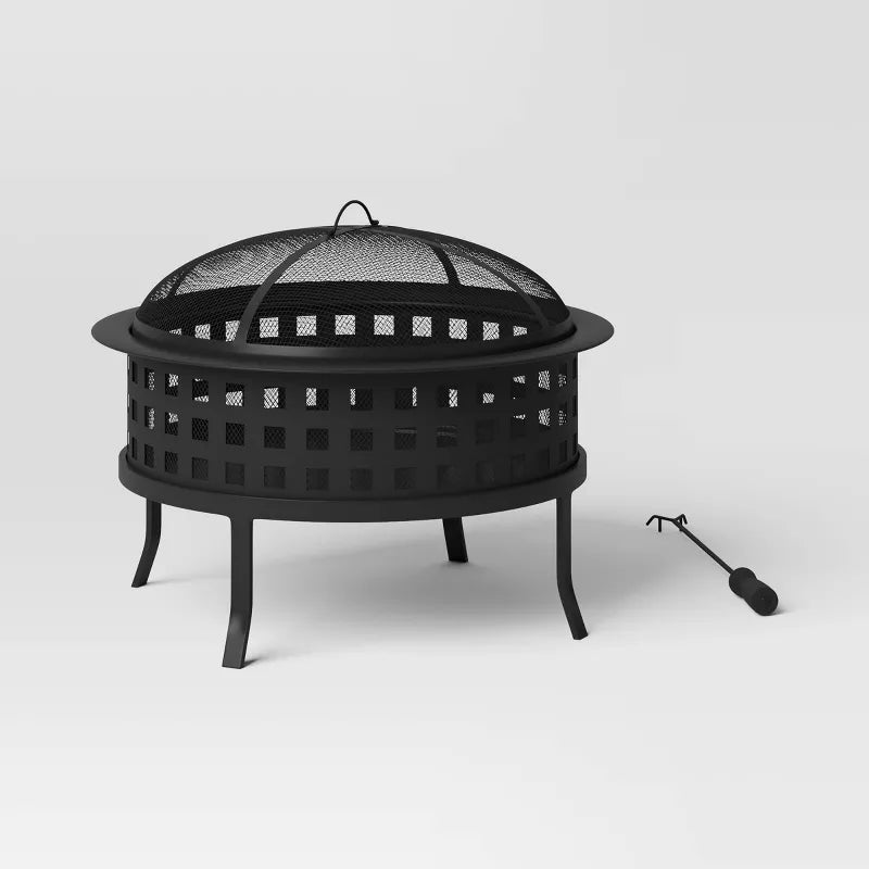 Metal Lattice Wood Burning Round Outdoor Fire Pit Black -Rust-Resistant Steel, Mesh Sides, Angled Legs