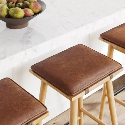 Barker Wood Cushioned Counter Height Barstool Warm Pine/Chestnut: Upholstered Rectangle