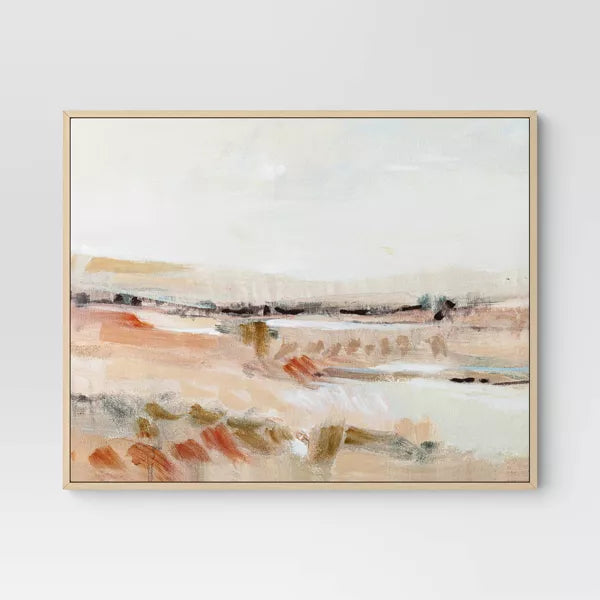 (Set of 2) Faded Landscape Framed Wall Canvases Natural - Polystyrene Frame, Blockprint Art