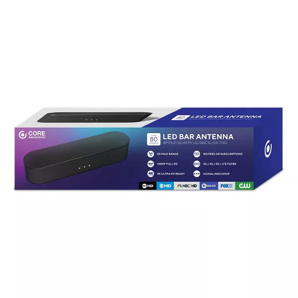 80-Mile Amplified Indoor TV Antenna Bar with LED Lighting
