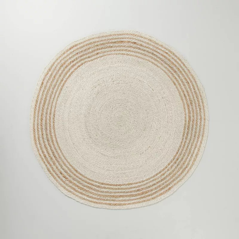 Round Multi Stripe Braided Jute Area Rug Cream/Tan - Textured, Earthy Look, Indoor Use