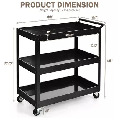 3-Tier Utility Cart Metal Mental Storage Service Trolley