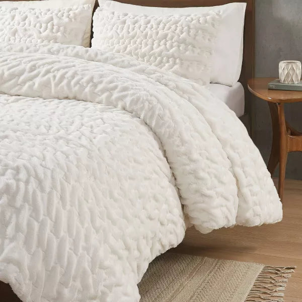 3pc Dakota Ruched Fur Down Alternative Comforter Set Ivory - King/California King
