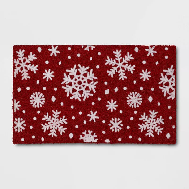 1'6"x2'6" Christmas Snowflakes Flocked Coir Doormat Red/White - Outdoor Medium Pile Rectangle Mat