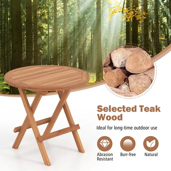 Patio Folding Side Table Indonesia Teak Wood Round Slatted Tabletop Portable Camping