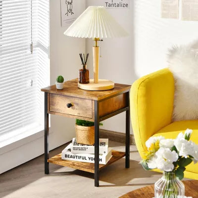 1-Piece Industrial End Side Table Nightstand with Drawer Shelf Rustic Brown