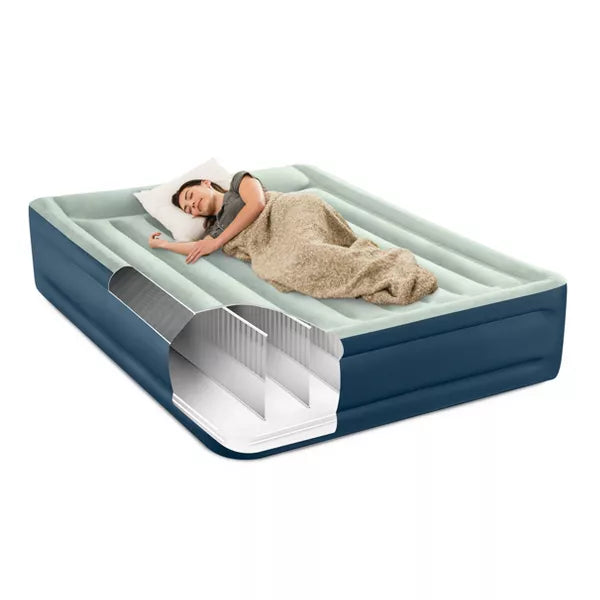 Elevated Pillow Rest Air Mattress with Internal Pump - Off-White/Blue - Queen