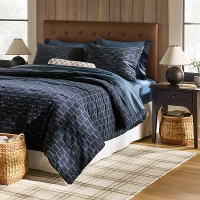 Woven Grid Comforter Set Navy Blue - Twin/Twin XL