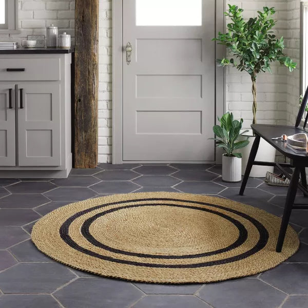 Round Double Stripe Braided Jute Area Rug Charcoal/Tan Indoor Farmhouse Style, Machine Made