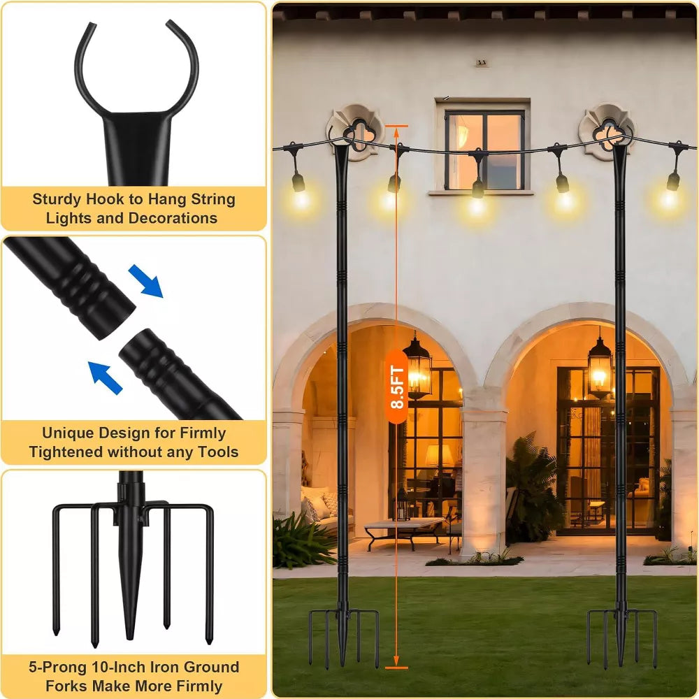 2-Pack Black Metal Light Poles w/ Hooks