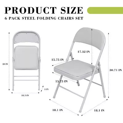 6 Pack Folding Chairs with Padded Seats, Metal Frame with Pu Leather Seat & Back, Capacity 350 lbs, White