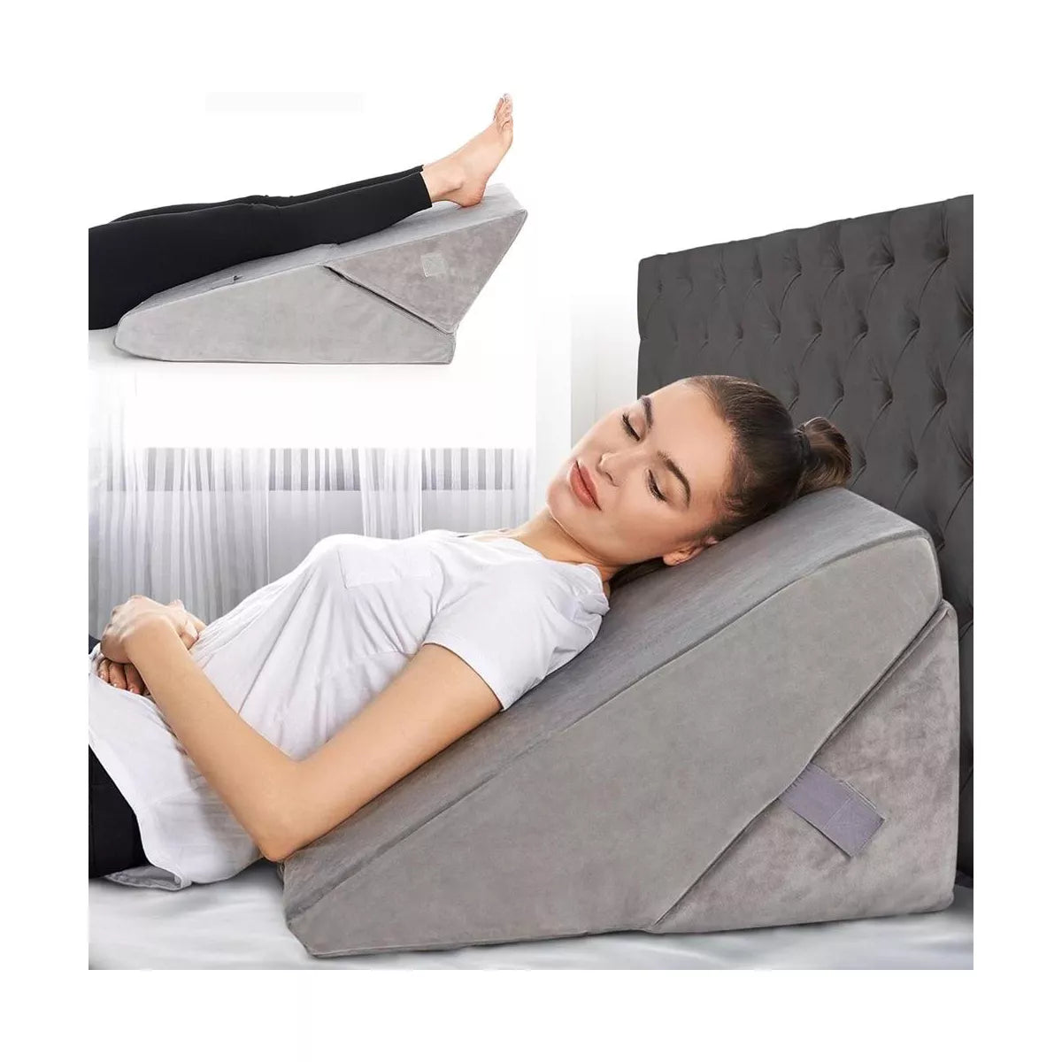 Bed Wedge Pillow - Memory Foam Cushion for Legs and Back Support - Acid Reflux, and GERD – Machine Washable - Grey