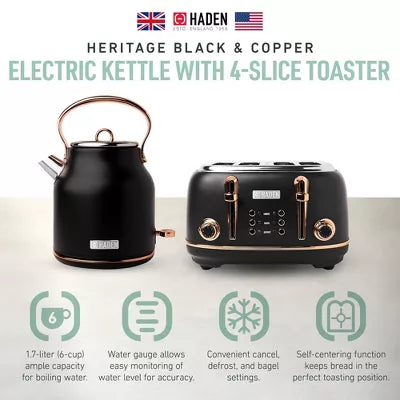 Heritage Stainless Steel Electric Water Kettle, Black & Copper