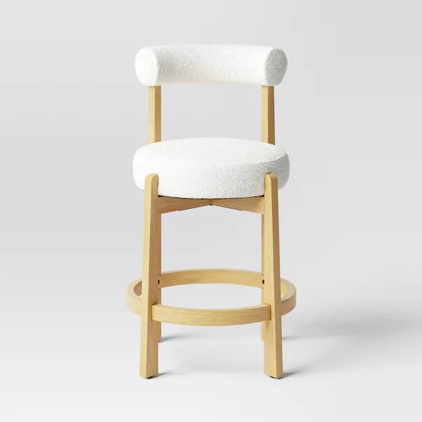 Sculptural Upholstered and Wood Boucle Counter Height Barstool Cream - Round, Stained, Polyurethane Foam Filled