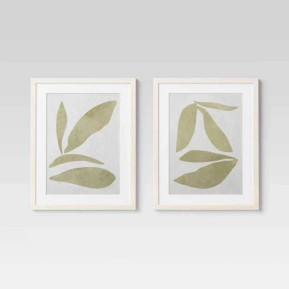 (Set of 2) Leaf Framed Wall Art Set Natural -Botanical Drawing, Beige Frame, Vertical Display