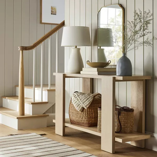 Bleached Oak Console Table Natural Wood Veneer & MDF, Rectangular Shape, Spot Clean